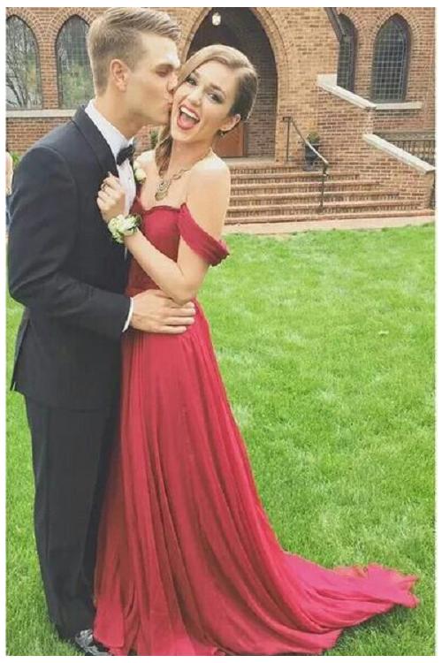 Popular off the Shoulder Pleated Long Ruvy Red Chiffon Prom Dress 