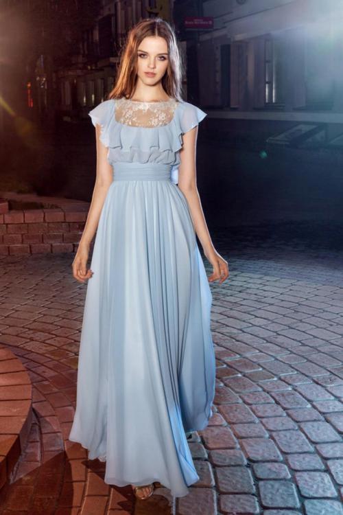  A-line Bateau Neckline Cap Sleeves Lace Ruffles Top Floor-length Long Chiffon Prom Dresses with Pearl Buttons