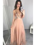 Sexy Deep V-neck Sequins Top Split Floor-length Long Tulle Prom Dress with Criss-cross Back