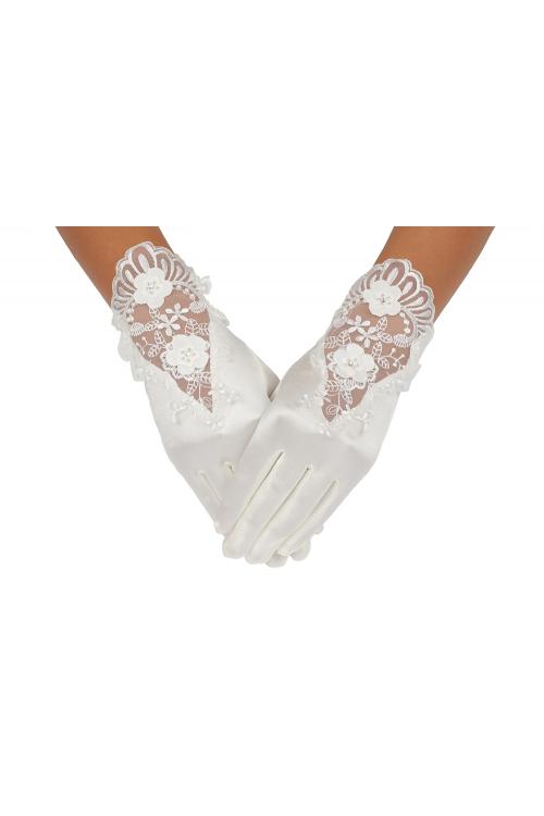 Short Ivory Wedding Gloves With Exquisite Lace Embroider On The Back Of Hand 2BL
