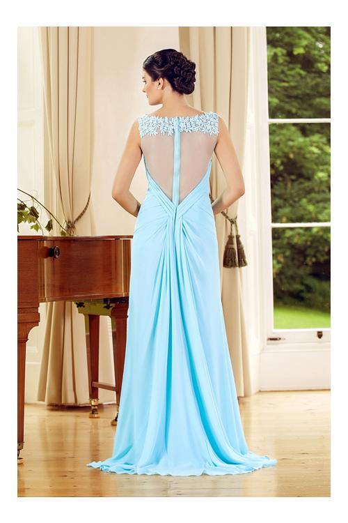 Sleeveless Illusion Neck Lace Appliques A-line Long Blue Chiffon Prom Dress
