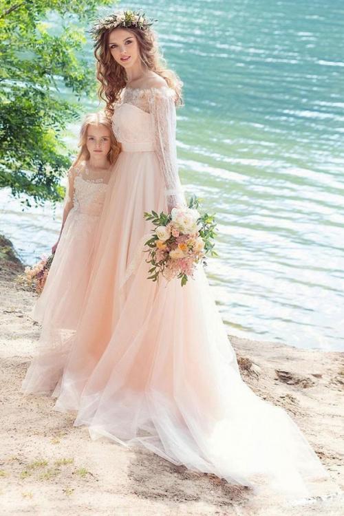 Vintage Long Sleeve Lace Bodice Blush Tulle Beach Wedding Dress