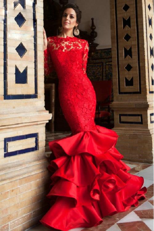 Gorgeous Long Sleeve Lace Bodice Ruffled Satin Mermaid Prom Dress 