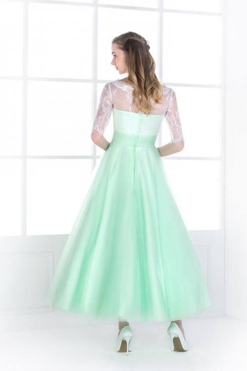 Half Sleeved Lace Bodice A-line Mint Green Tulle Bridesmaid Dress 