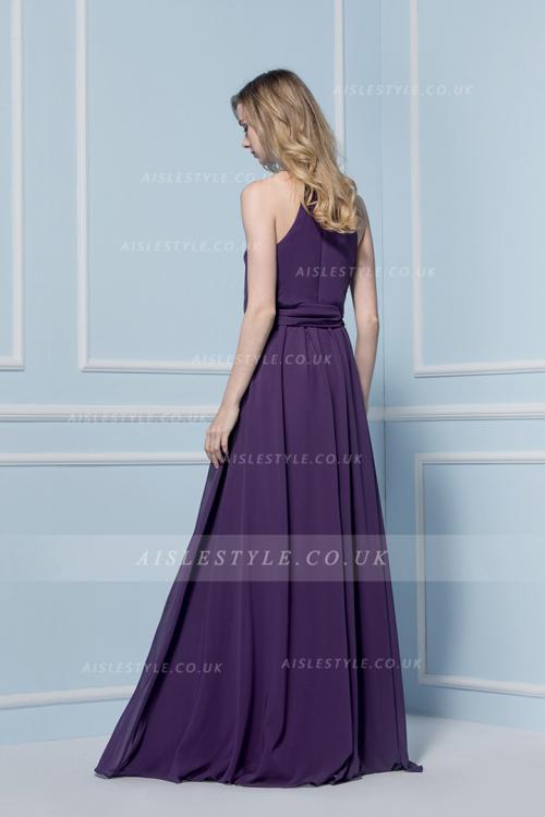 Halter Neck Purple Chiffon Sleeveless Bridesmaid Dress with Sash 