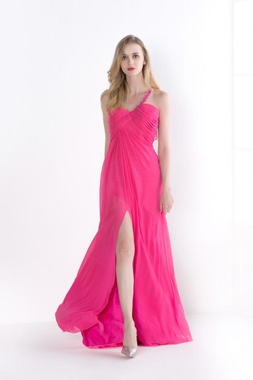 Beading One Shoulder Split Rose Chiffon Sexy Prom Dress