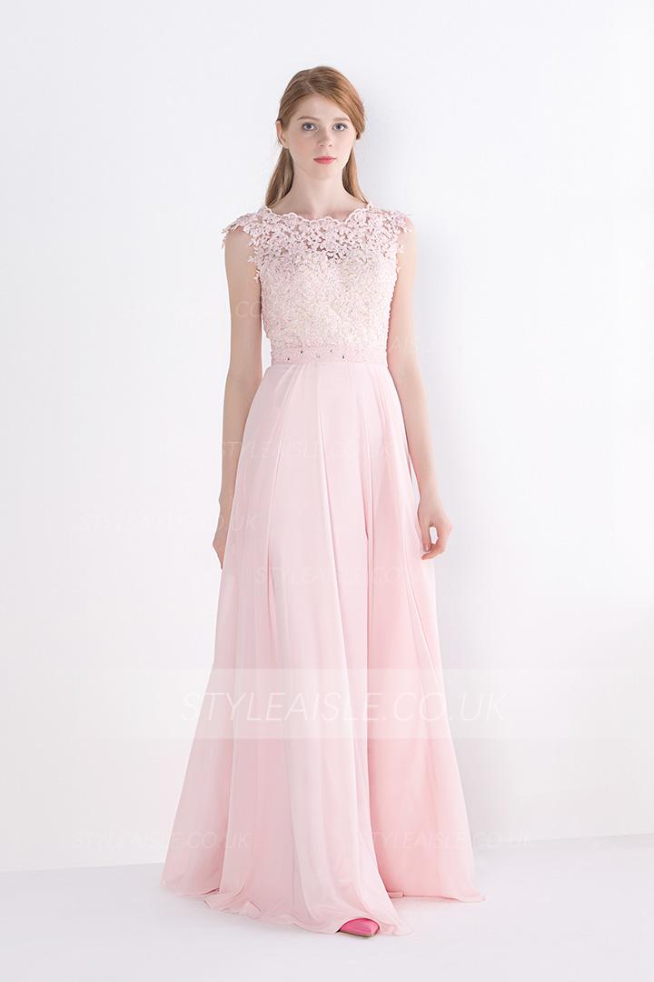  A-line Bateau Neck Sleeveless Lace Long Chiffon Bridesmaid Dress