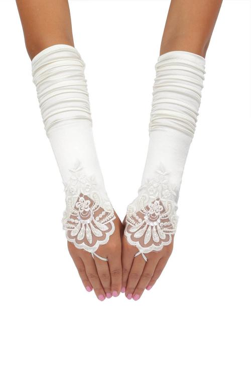 Long Ivory Fold Embroidered Wedding Gloves With Sequins and Pearls 8BL