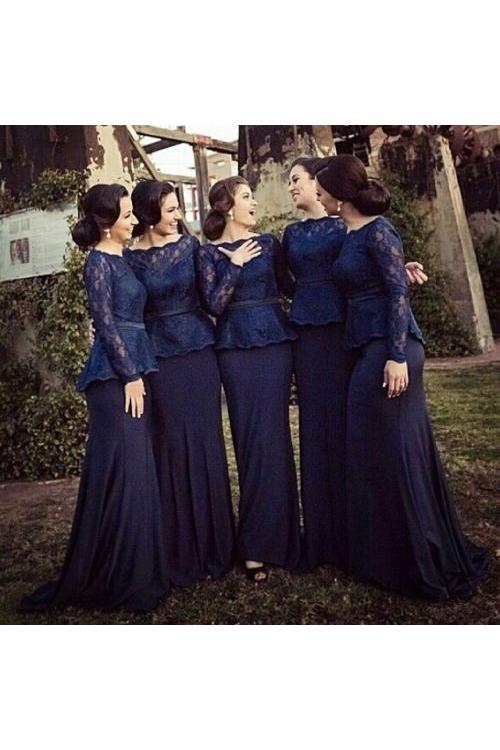 Modest Long Sleeved Lace Bodice Peplum Navy Chiffon Bridesmaid Dress 