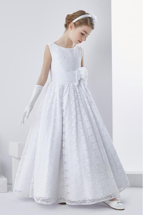  Ball Gown Sleeveless Floor-length Lace Fabric Communion Dress with Hand Made Flowers 