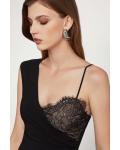 Black Asymmetrical Shoulder Straps Sleeveless Split Floor-length Long Chiffon Prom Dresses with Lace Chest