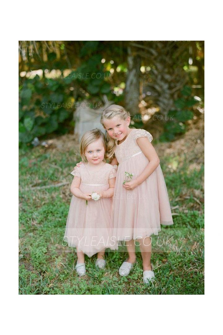 Delicate Blush Knee Length Short Sleeve Long A-line Tulle Flower Girl Dress 