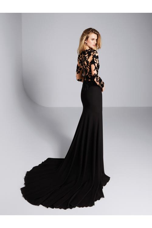 Long Illusion See-through Lace Top A-line Split Black Chiffon Prom Dress