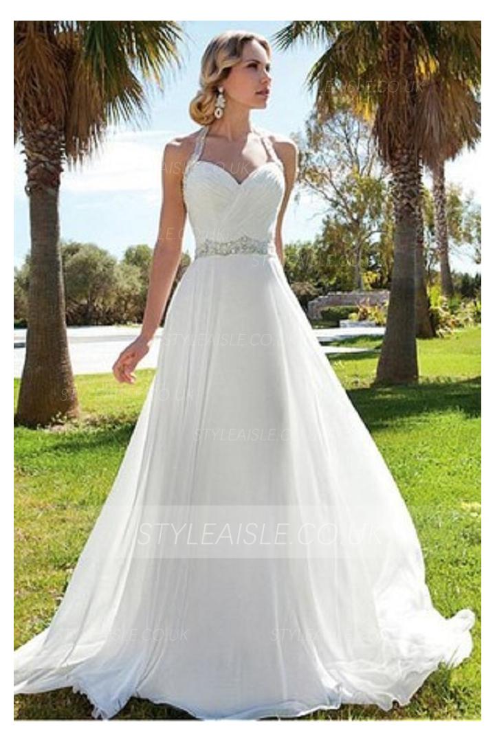 Halter Neck Beading Long A-line Chiffon Wedding Dress 