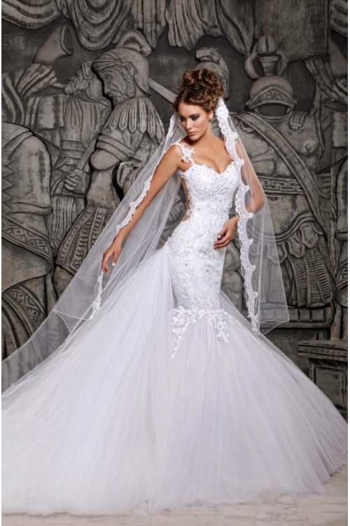 Mermaid Shoulder Straps Sleeveless Appliques Lace Long Tulle Wedding Dresses