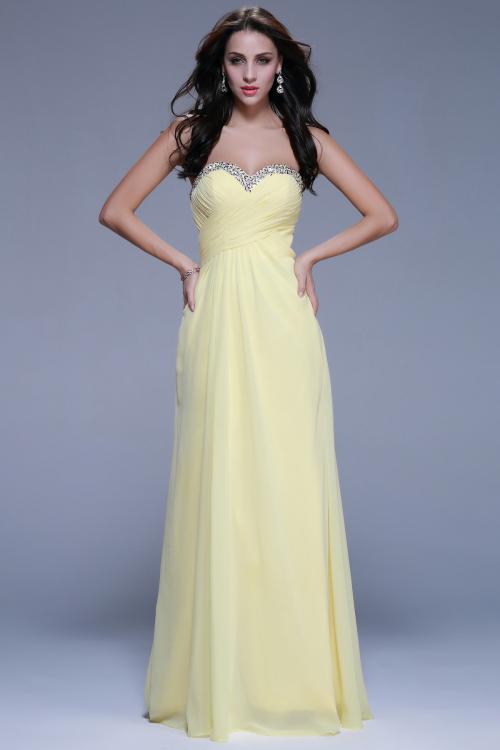Strapless High Slit Beading A-line Daffodil Chiffon Prom Dress 