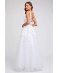  A-line V-neck Sleeveless Lace Appliques Beading Tulle Floor-length Tulle Prom Dress