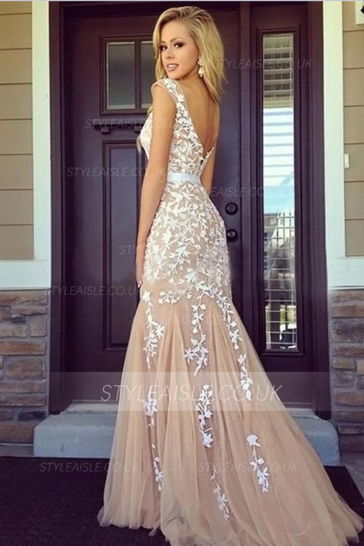  Mermaid Bateau Neck Sleeveless Lace Appliques Sweep/Brush Train Long Tulle Prom Dress
