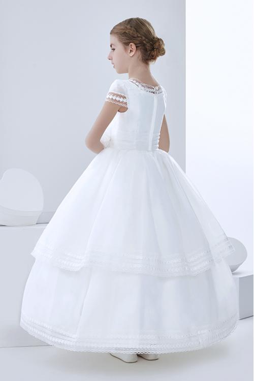 Ball Gown Short Sleeve Hand Made Flowers Floor-length Organza Communion Dress