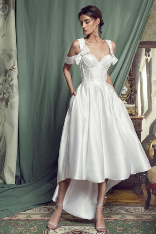  A-line Shoulder Straps Bows Asymmetrical/High Low Long Satin Wedding Dresses with Pockets 