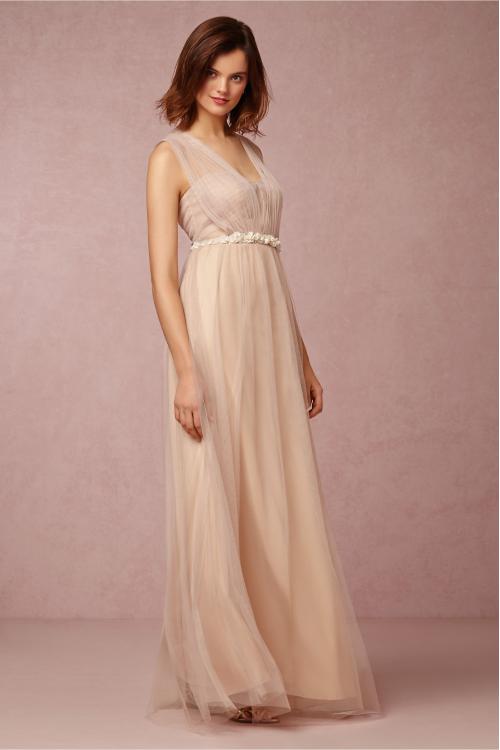 Vintage Shoulder Straps Ruched Bodice Long Champagne Tulle Bridesmaid Dress 