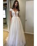 Illusion Neck Cap Sleeve Lace Appliques Backless Split Sweep-Train Long Tulle Prom Dress