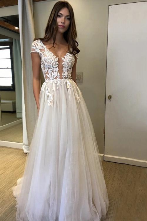 Illusion Neck Cap Sleeve Lace Appliques Backless Split Sweep-Train Long Tulle Prom Dress