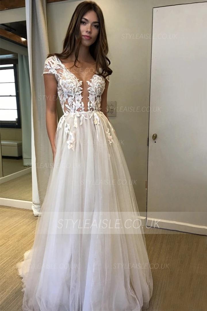 Illusion Neck Cap Sleeve Lace Appliques Backless Split Sweep-Train Long Tulle Prom Dress