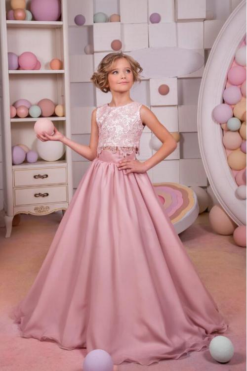Two Piece Sleeveless Jewel Neck Lace Long Chiffon Flower Girl Dress 