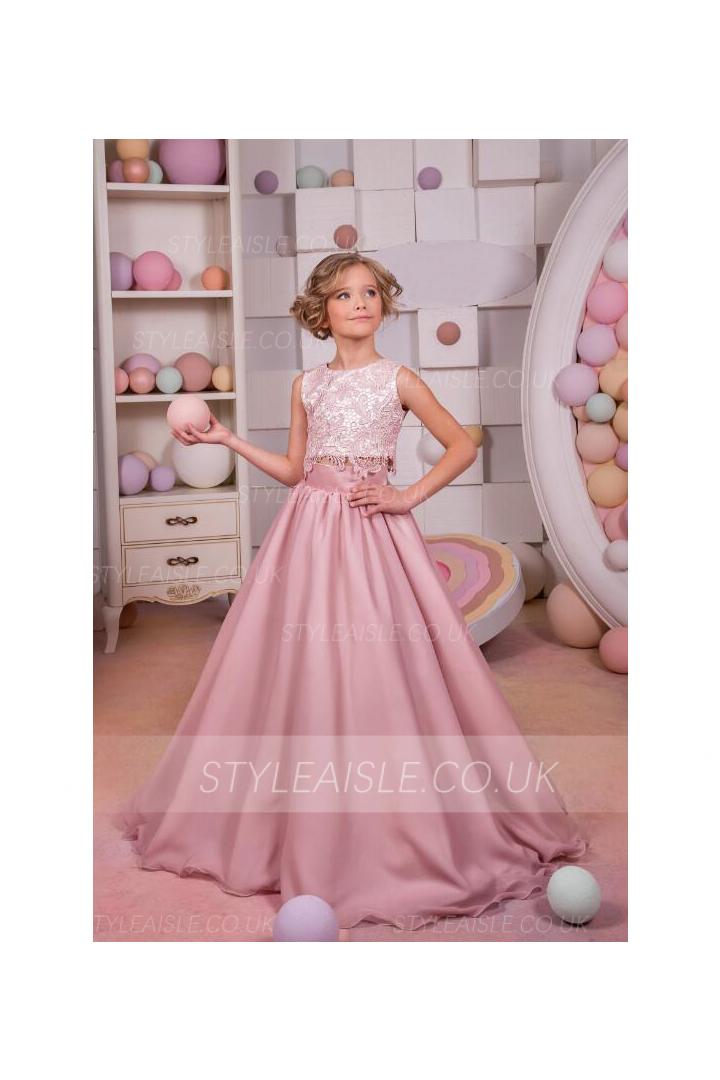 Two Piece Sleeveless Jewel Neck Lace Long Chiffon Flower Girl Dress 
