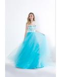 Elegant Lace Bodice Illusion Neck Long Ice Blue Tulle Prom Dress 