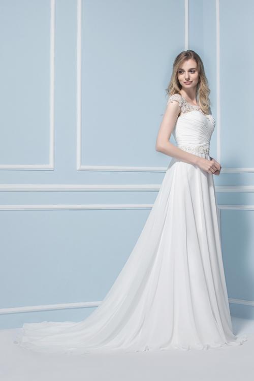  A-line Bateau Short Sleeve Beading Sweep/Brush Train Wedding Dresses