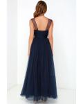 Navy Shoulder Straps A-line Tulle Long Bridesmaid Dress 