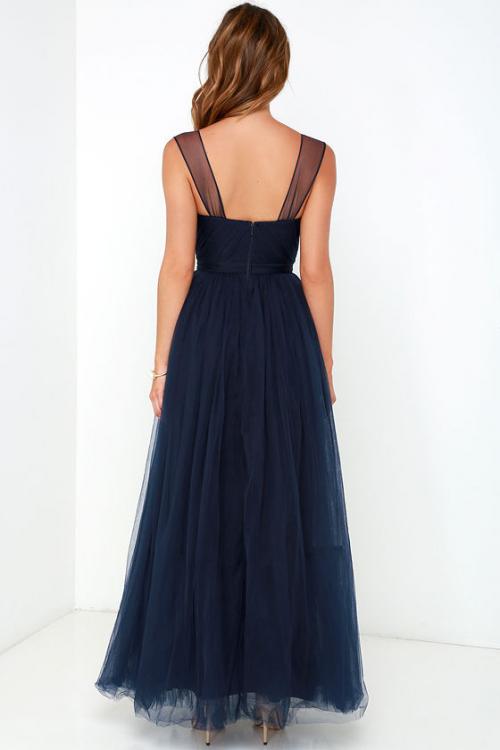 Navy Shoulder Straps A-line Tulle Long Bridesmaid Dress 