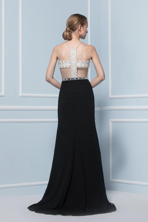 Halter Neck Beading Cut Out Long Black Chiffon Prom Dress 