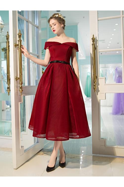 A-line Tea Length Off Shoulder Burgundy Organza Prom Dress 