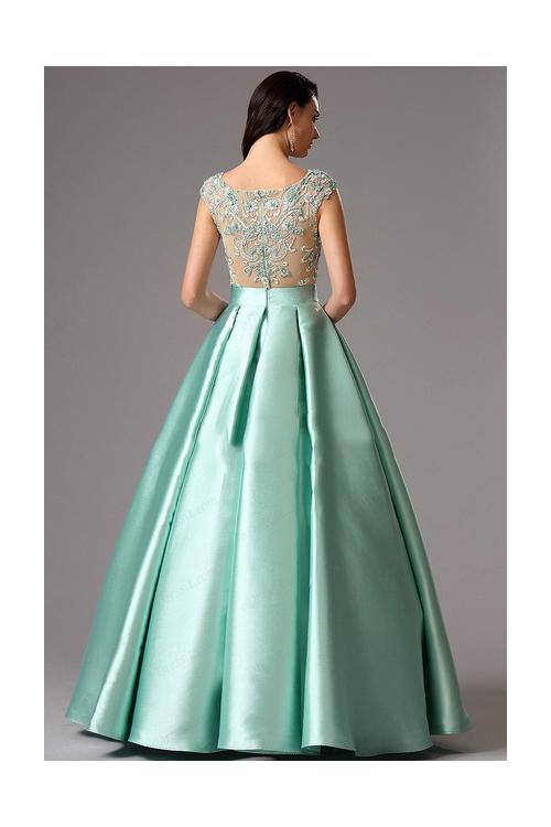 Bateau Neck Long A-line Mint Green Satin Prom Dress with Cap Sleeves