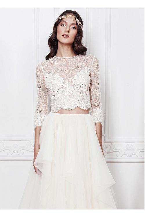 Chic Two Piece 3/4 Sleeved Lace A-line Tulle Wedding Dress 