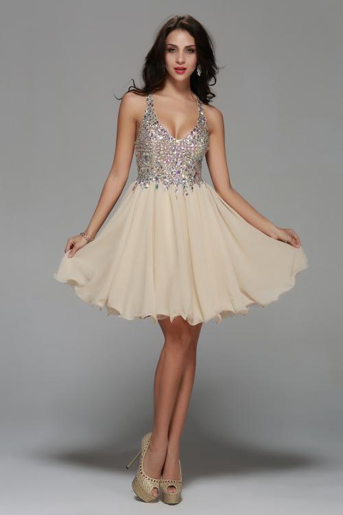 Knee Length Beading V Neck Champagne Chiffon A-line Prom Dress 