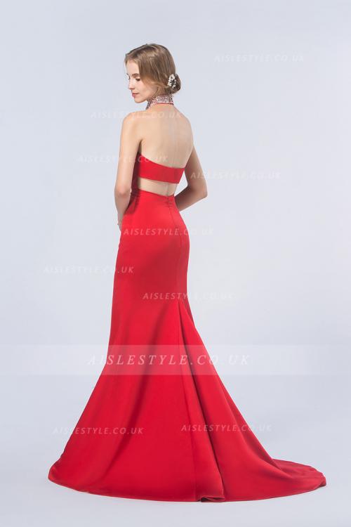 Red Sheath Jewel Sleeveless Beading Split Long Red Prom Dress