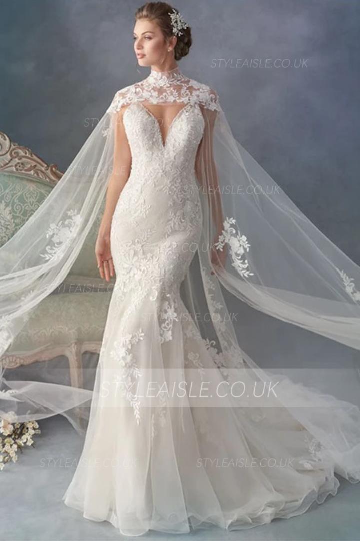  High Neck Cap Sleeve Appliques Buttons Lace Cathedral Train Long Wedding Cloaks