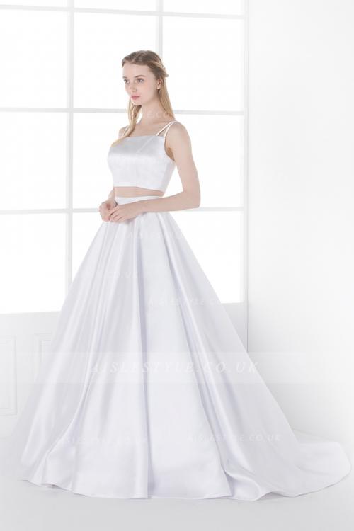 Modern Two Piece A-line Spaghetti Straps A-line White Satin Simple Wedding Dress