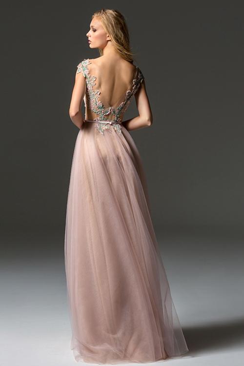  A-line Bateau Neckline Cap Sleeves Lace Appliques Floor-length Long Tulle Prom Dresses