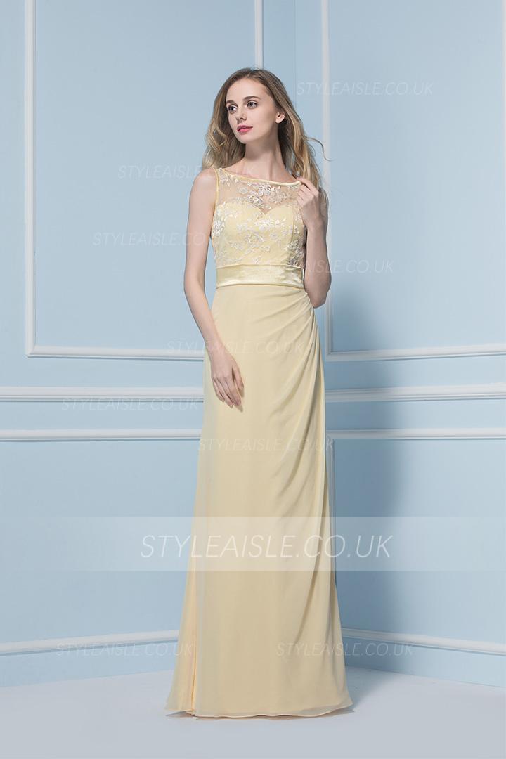 Sleeveless illusion Bateau Neck Lace Bodice Long Sheath Daffodil Chiffon Bridesmaid Dress 