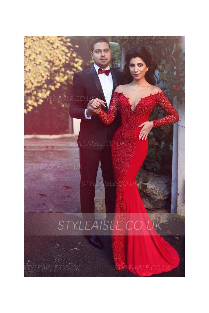 Red Illusion Neck Lace Long Chiffon Mermaid Evening Dress