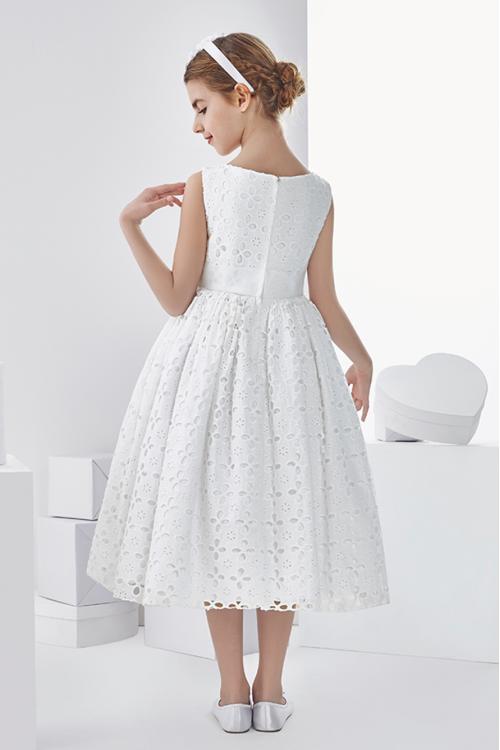  Ball Gown Short Sleeve Hand Made Flowers Tea-length Communion Dress