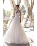 Sexy A-line High Neck Cap Sleeves Appliques Lace Sweep/Brush Train Long Tulle Wedding Dresses with Buttons Back