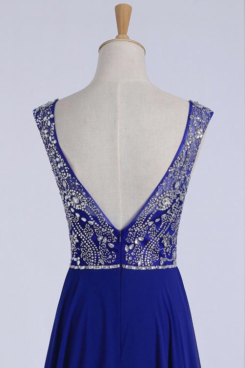 Royal Blue Scoop Neck Sleeveless Beading Floor length Long Chiffon Prom Dress with A V-back