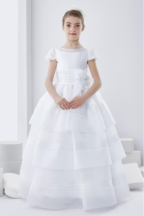 Short Sleeve Ball Gown Short Sleeve Long First Communion Dress with Bow 