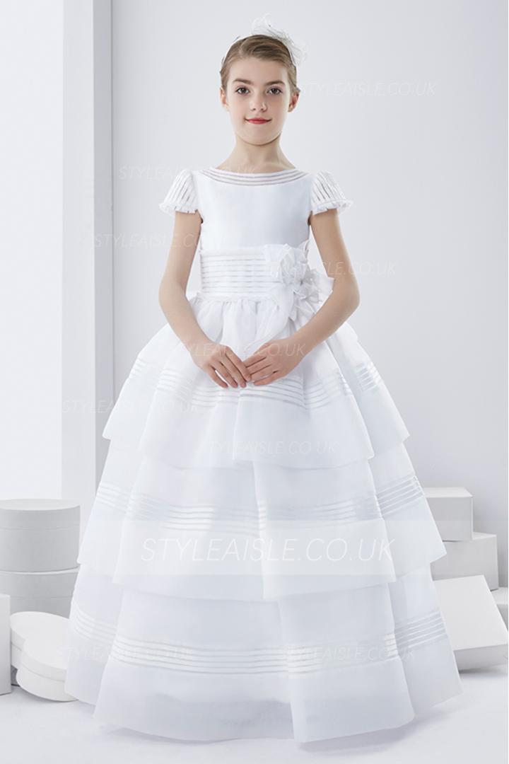 Short Sleeve Ball Gown Short Sleeve Long First Communion Dress with Bow 